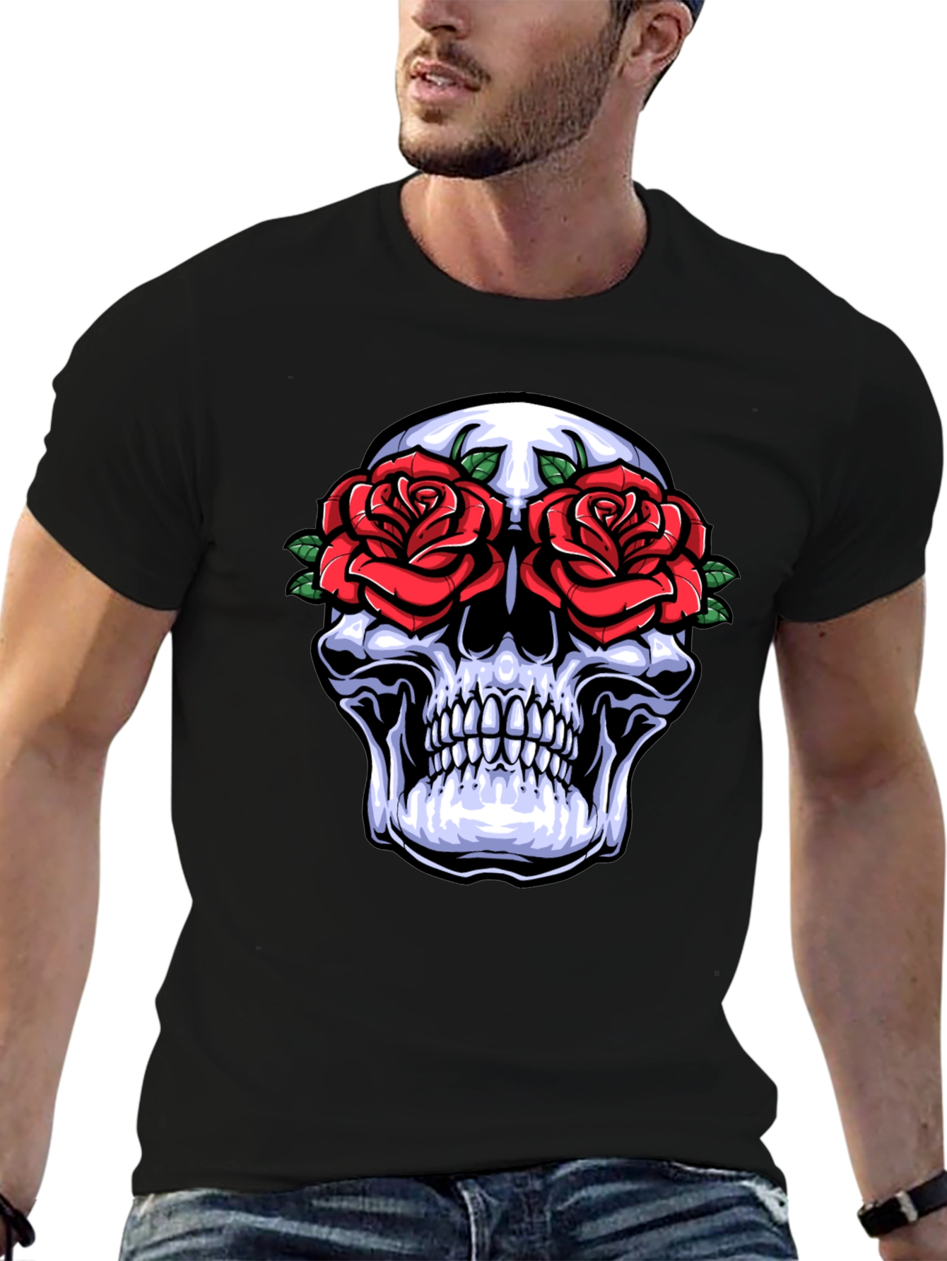Camiseta Negra con Calavera y Rosas