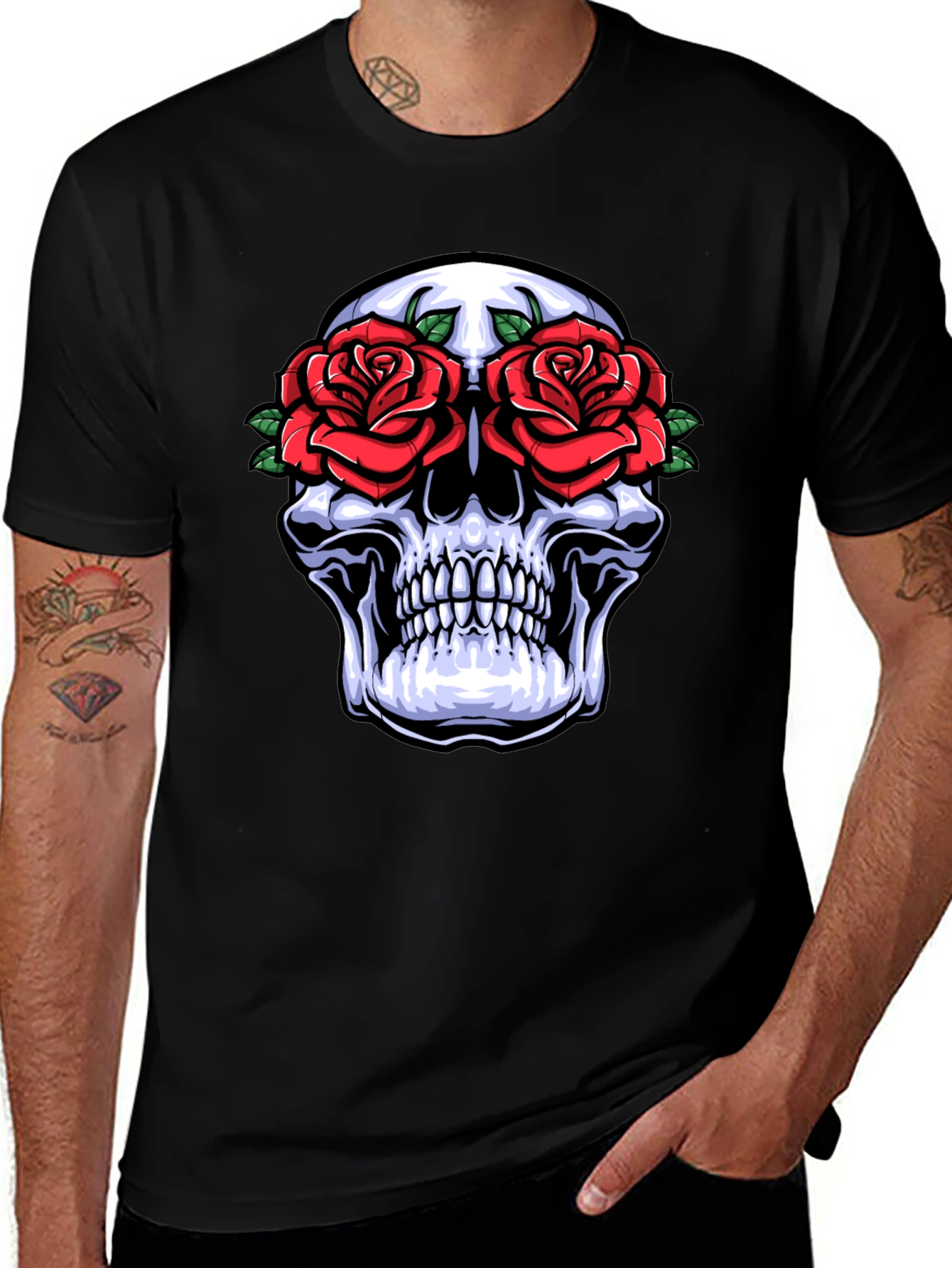 Camiseta Negra con Calavera y Rosas