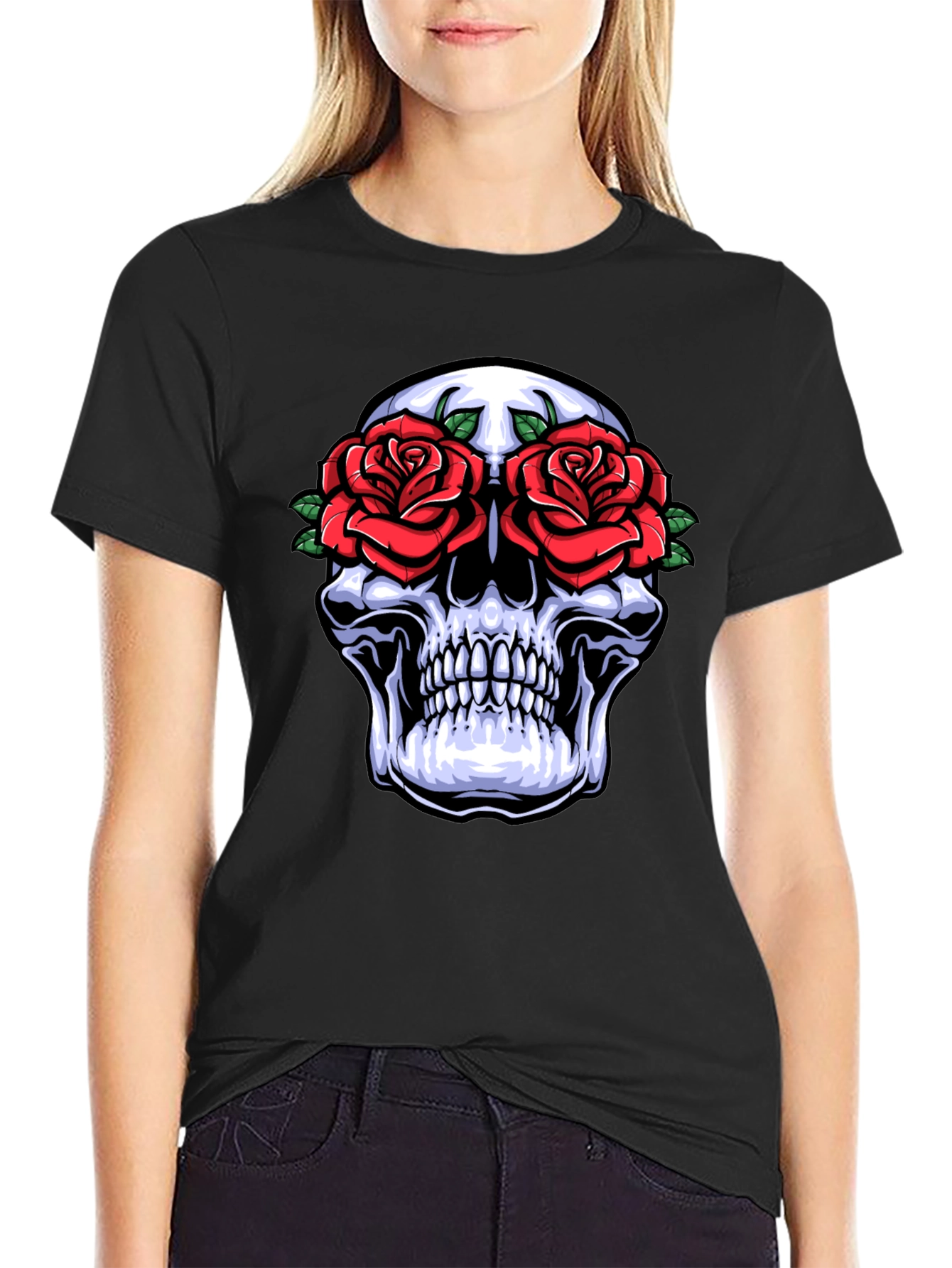 Camiseta Negra con Calavera y Rosas