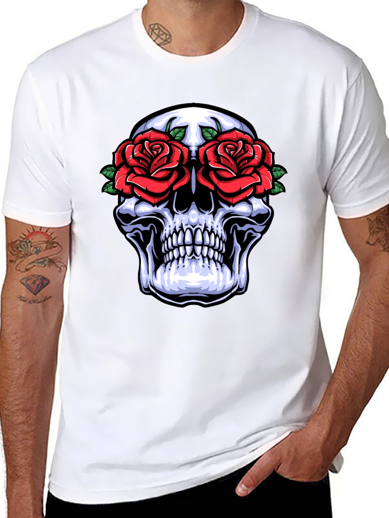 Camiseta Negra con Calavera y Rosas