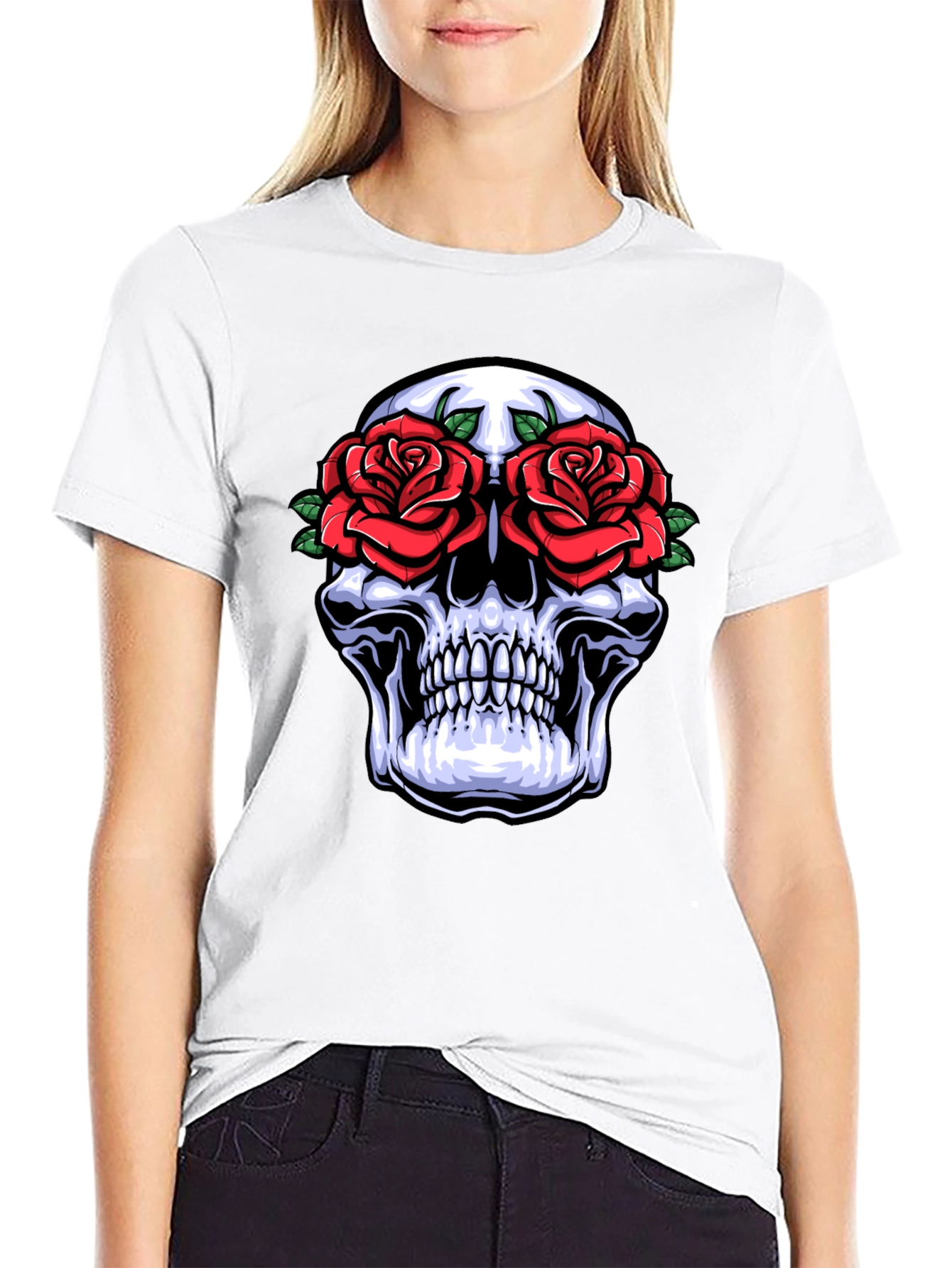 Camiseta Negra con Calavera y Rosas