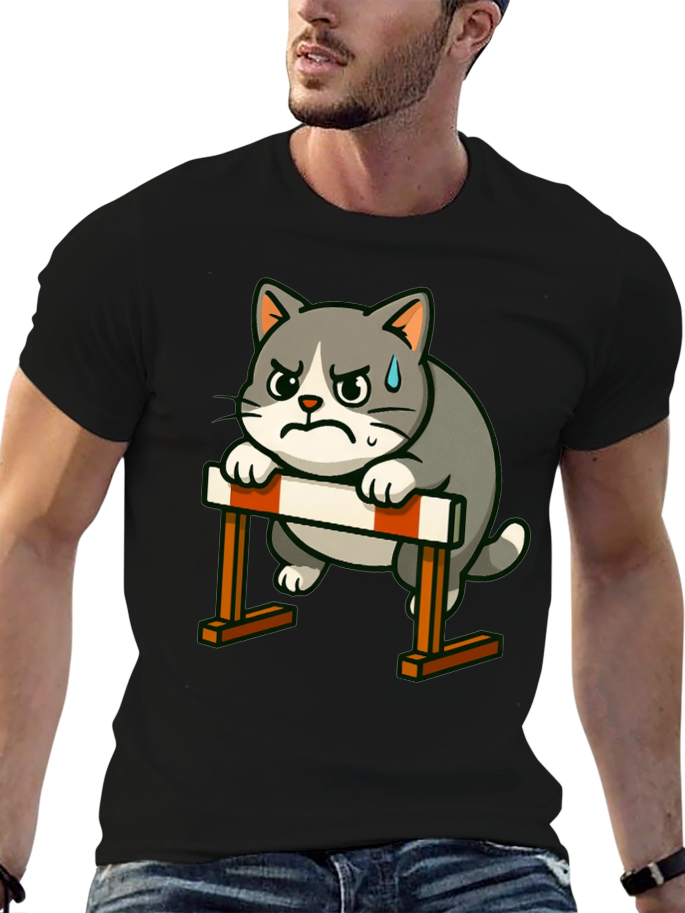 Camiseta Negra con Diseño de Gato Obstáculos
