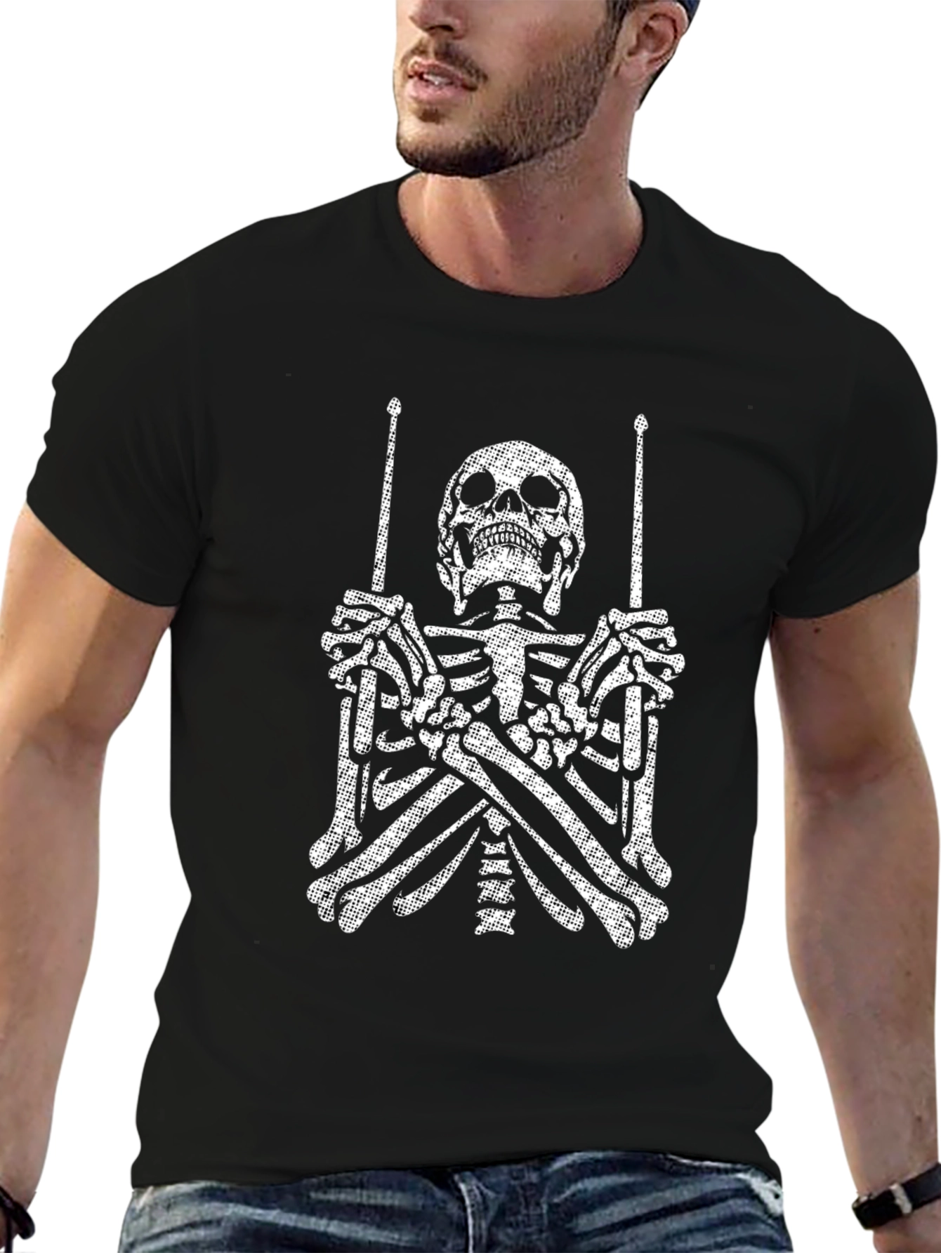 Camiseta Negra con Esqueleto Baterista