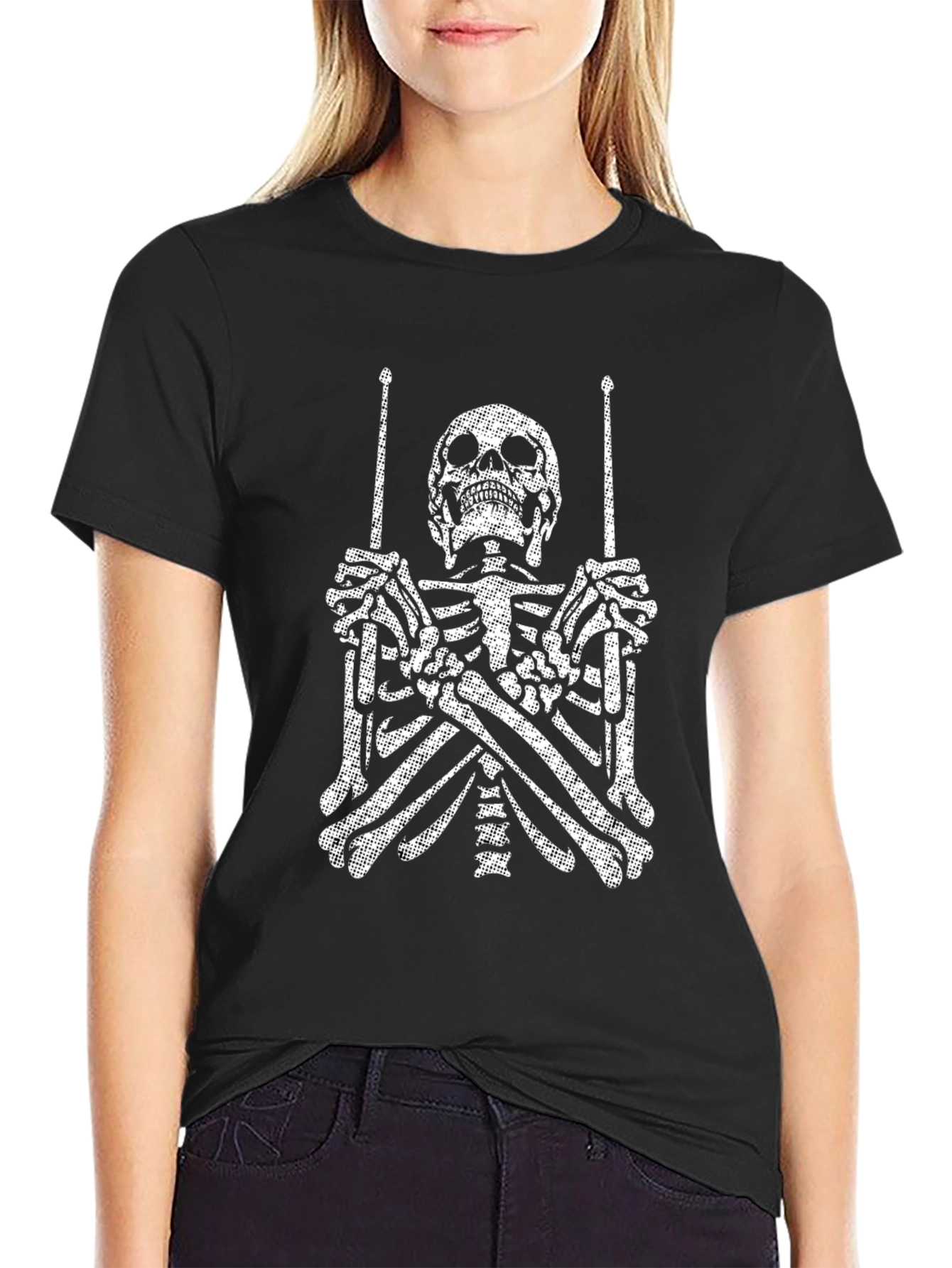 Camiseta Negra con Esqueleto Baterista