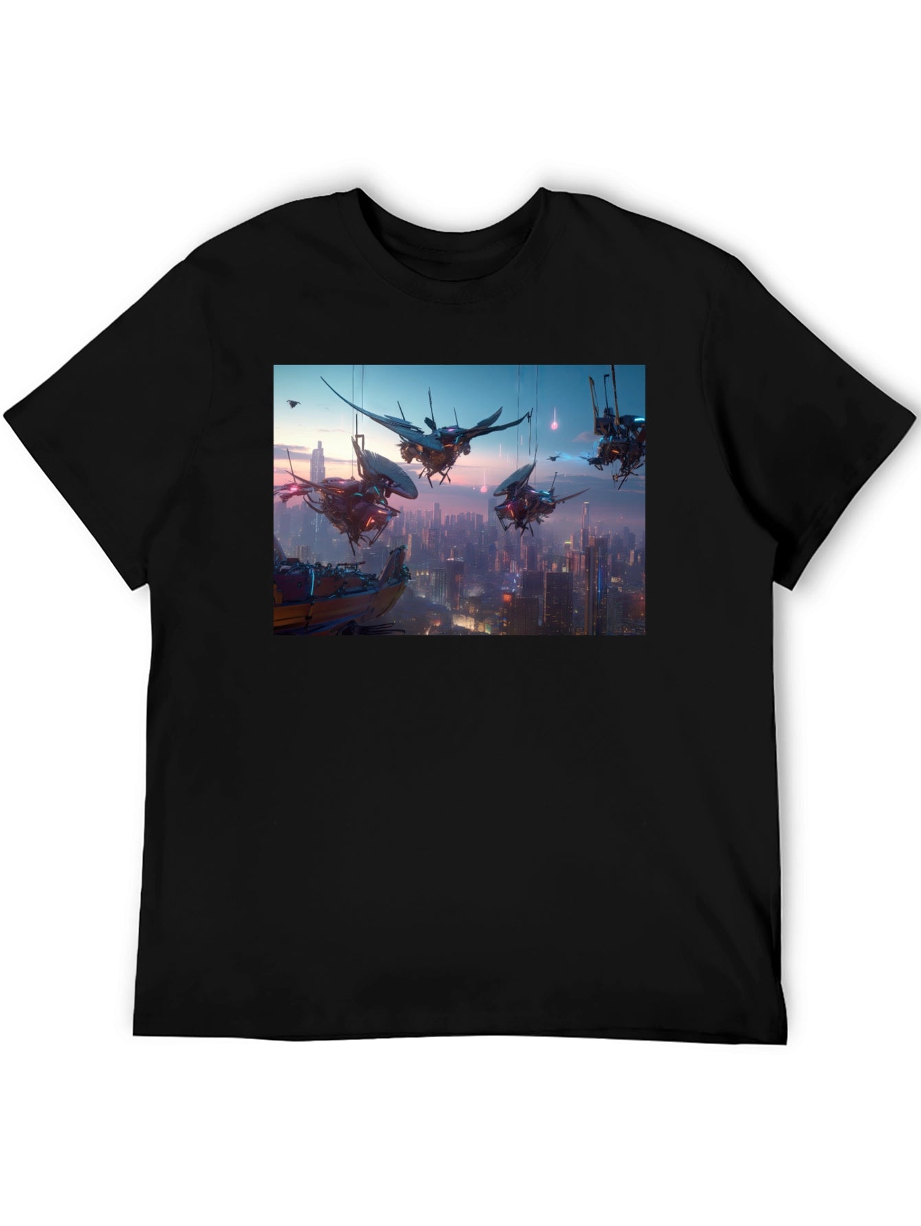 Camiseta Negra con Diseño Futurista Ciudad Cyberpunk