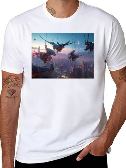Camiseta Negra con Diseño Futurista Ciudad Cyberpunk