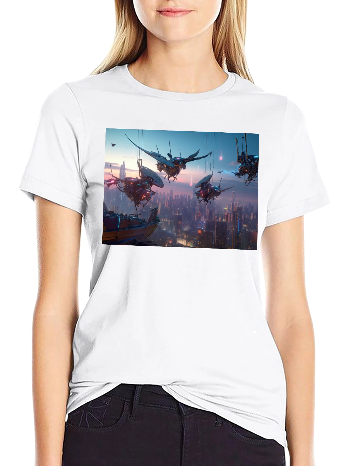 Camiseta Negra con Diseño Futurista Ciudad Cyberpunk