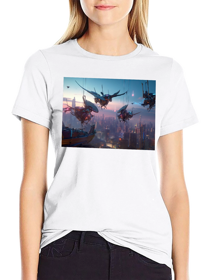 Camiseta Negra con Diseño Futurista Ciudad Cyberpunk