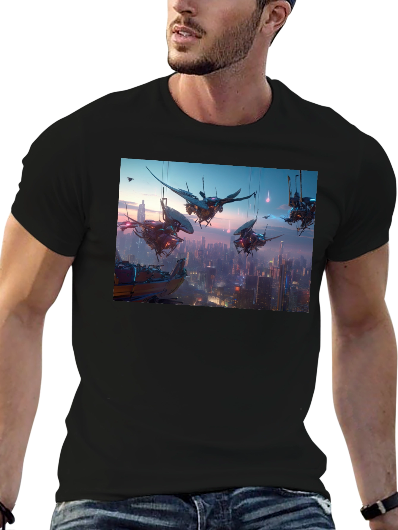 Camiseta Negra con Diseño Futurista Ciudad Cyberpunk