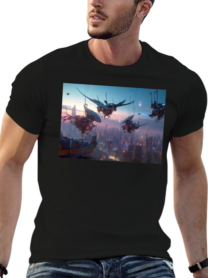 Camiseta Negra con Diseño Futurista Ciudad Cyberpunk