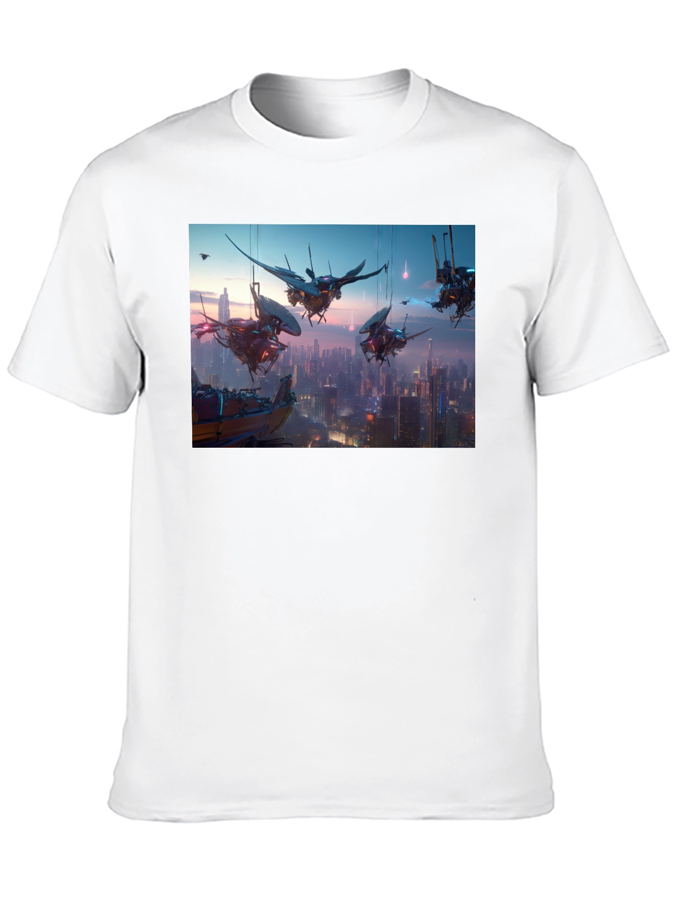 Camiseta Negra con Diseño Futurista Ciudad Cyberpunk