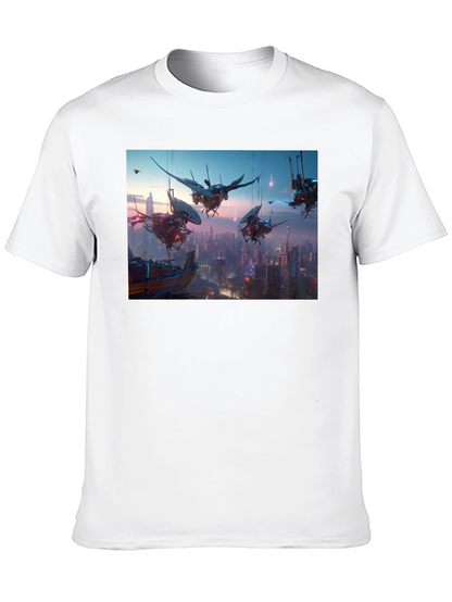 Camiseta Negra con Diseño Futurista Ciudad Cyberpunk