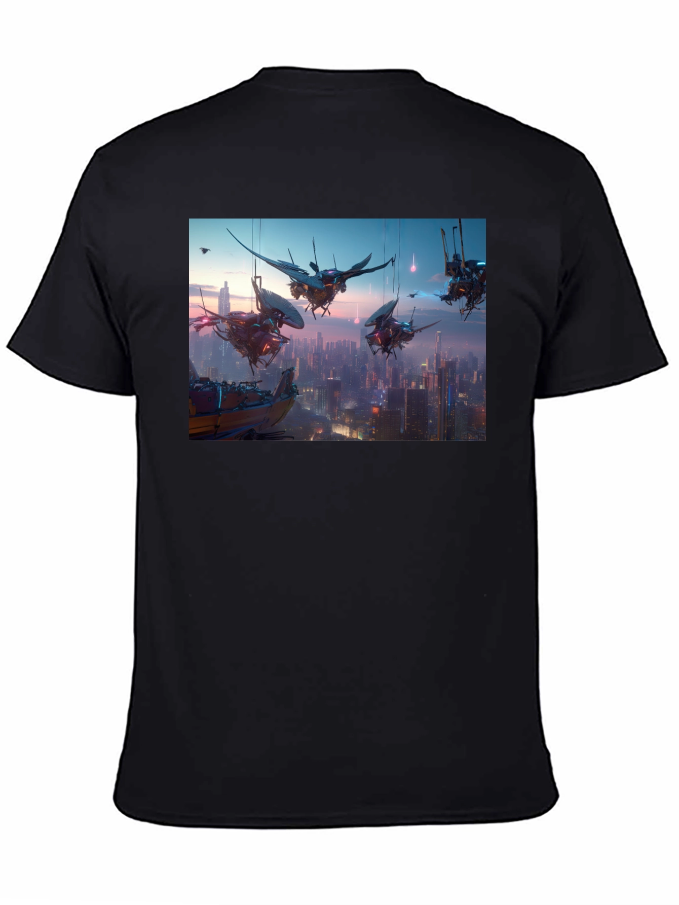 Camiseta Negra con Diseño Futurista Ciudad Cyberpunk