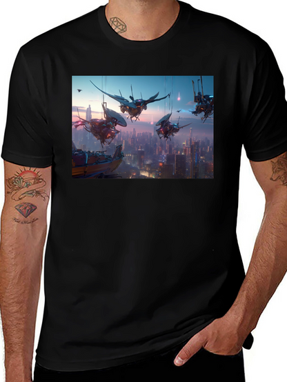 Camiseta Negra con Diseño Futurista Ciudad Cyberpunk