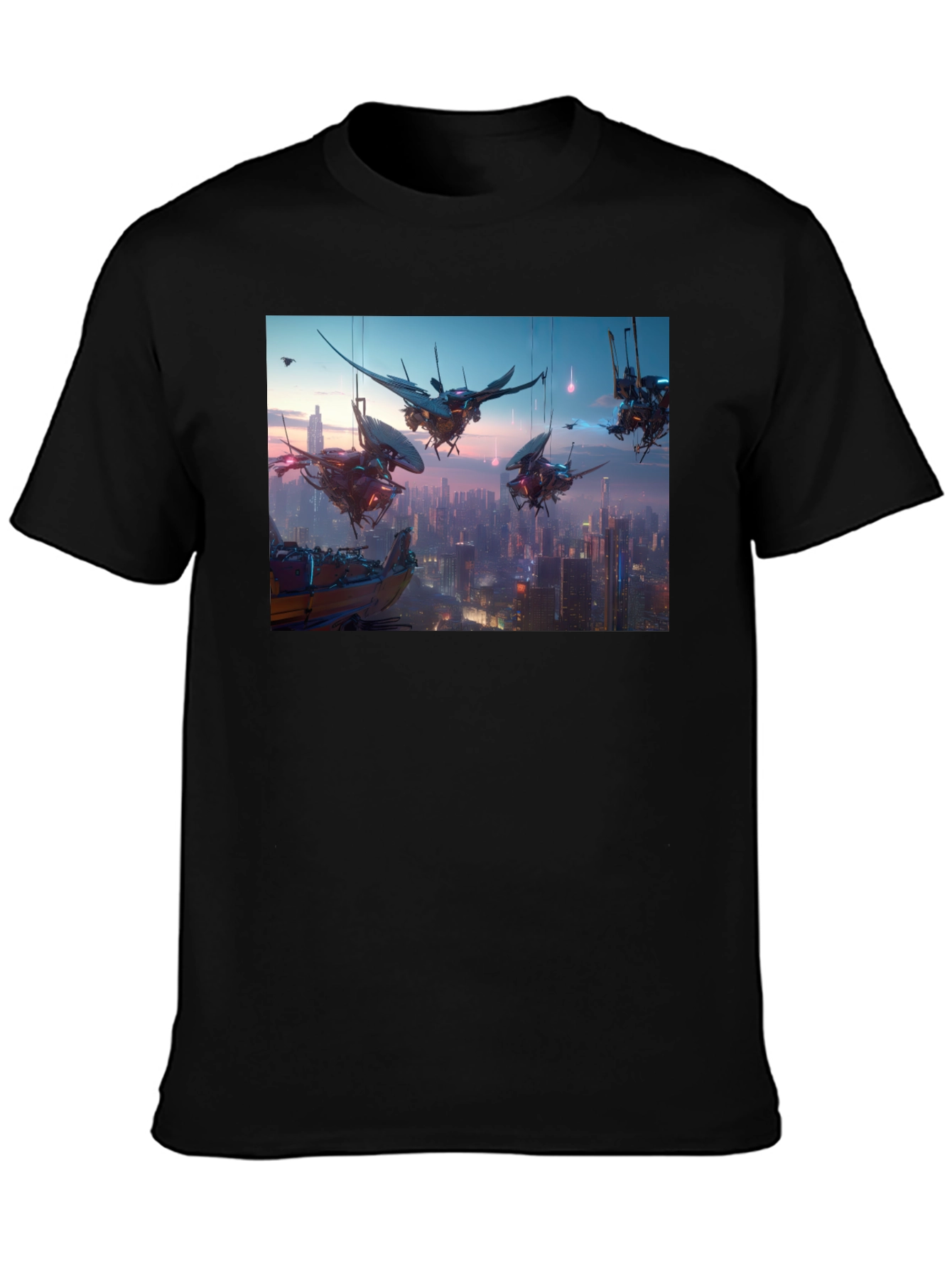 Camiseta Negra con Diseño Futurista Ciudad Cyberpunk