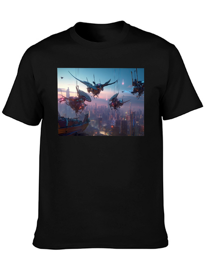Camiseta Negra con Diseño Futurista Ciudad Cyberpunk