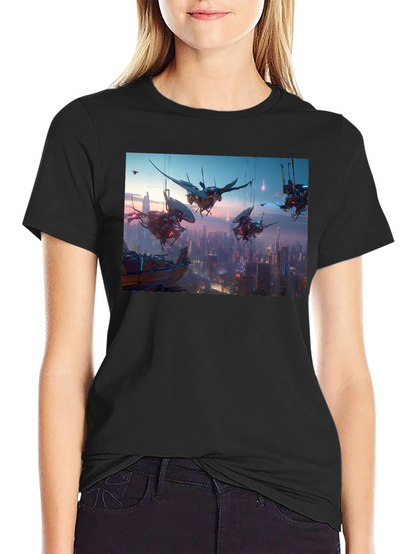 Camiseta Negra con Diseño Futurista Ciudad Cyberpunk
