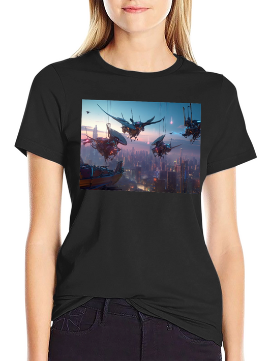 Camiseta Negra con Diseño Futurista Ciudad Cyberpunk
