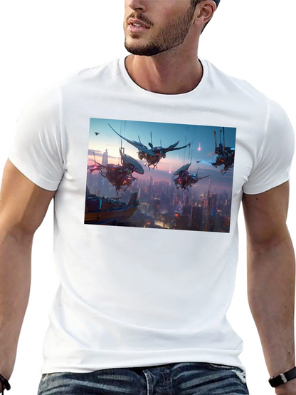 Camiseta Negra con Diseño Futurista Ciudad Cyberpunk