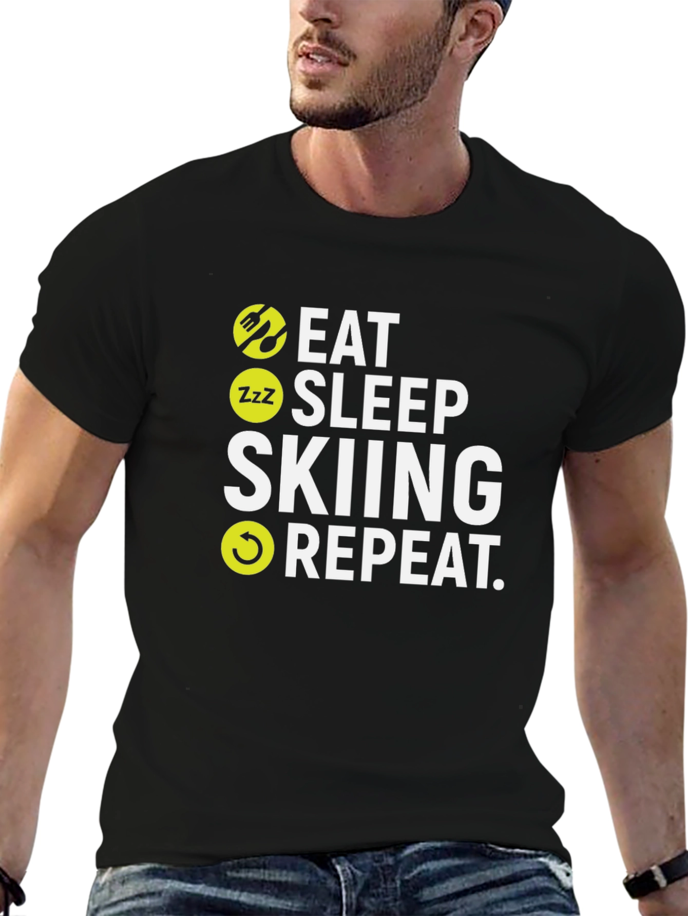 Camiseta Negra Esquí: Come Duerme Esquía Repite