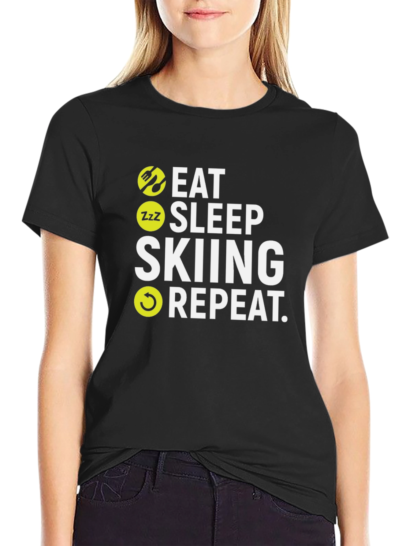 Camiseta Negra Esquí: Come Duerme Esquía Repite