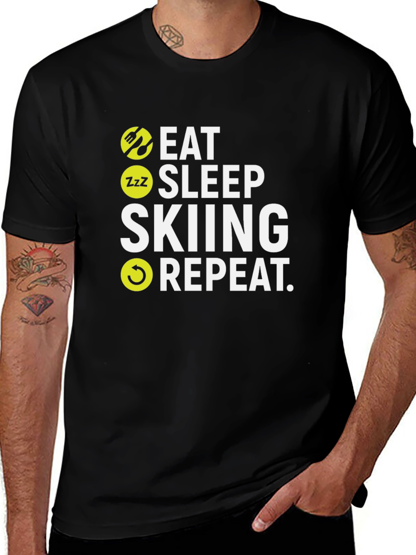 Camiseta Negra Esquí: Come Duerme Esquía Repite