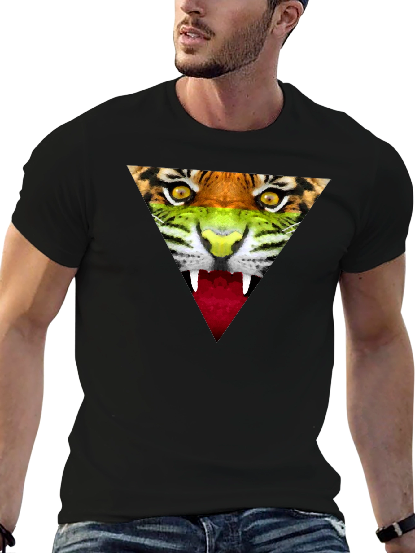 Camiseta Negra Hombre - Diseño Tigre Triangular