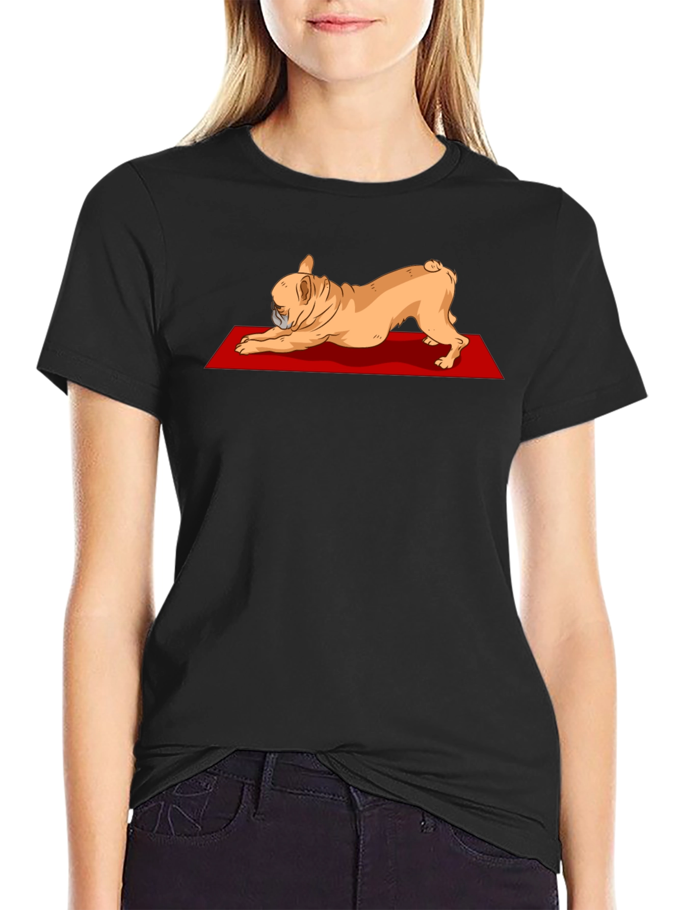 Camiseta Negra con Diseño de Bulldog Francés Yoga