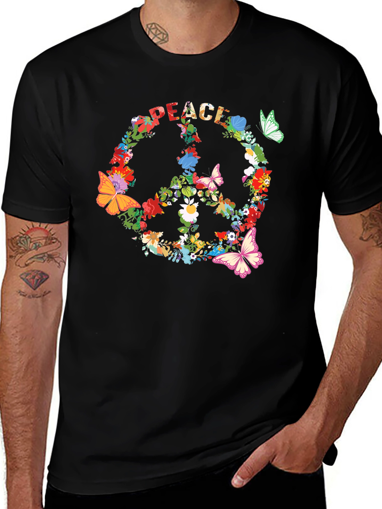 Camiseta Negra Peace Floral Hippie