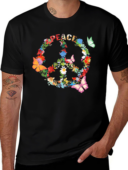 Camiseta Negra Peace Floral Hippie