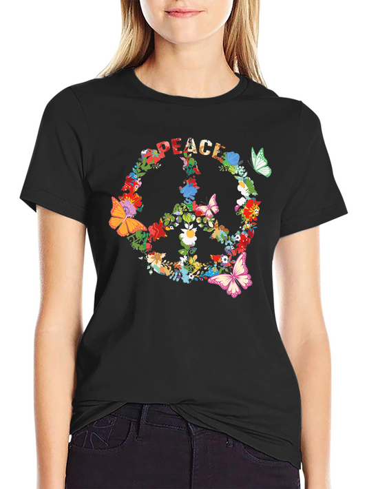 Camiseta Negra Peace Floral Hippie