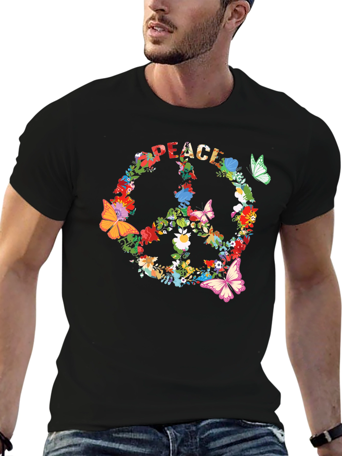 Camiseta Negra Peace Floral Hippie