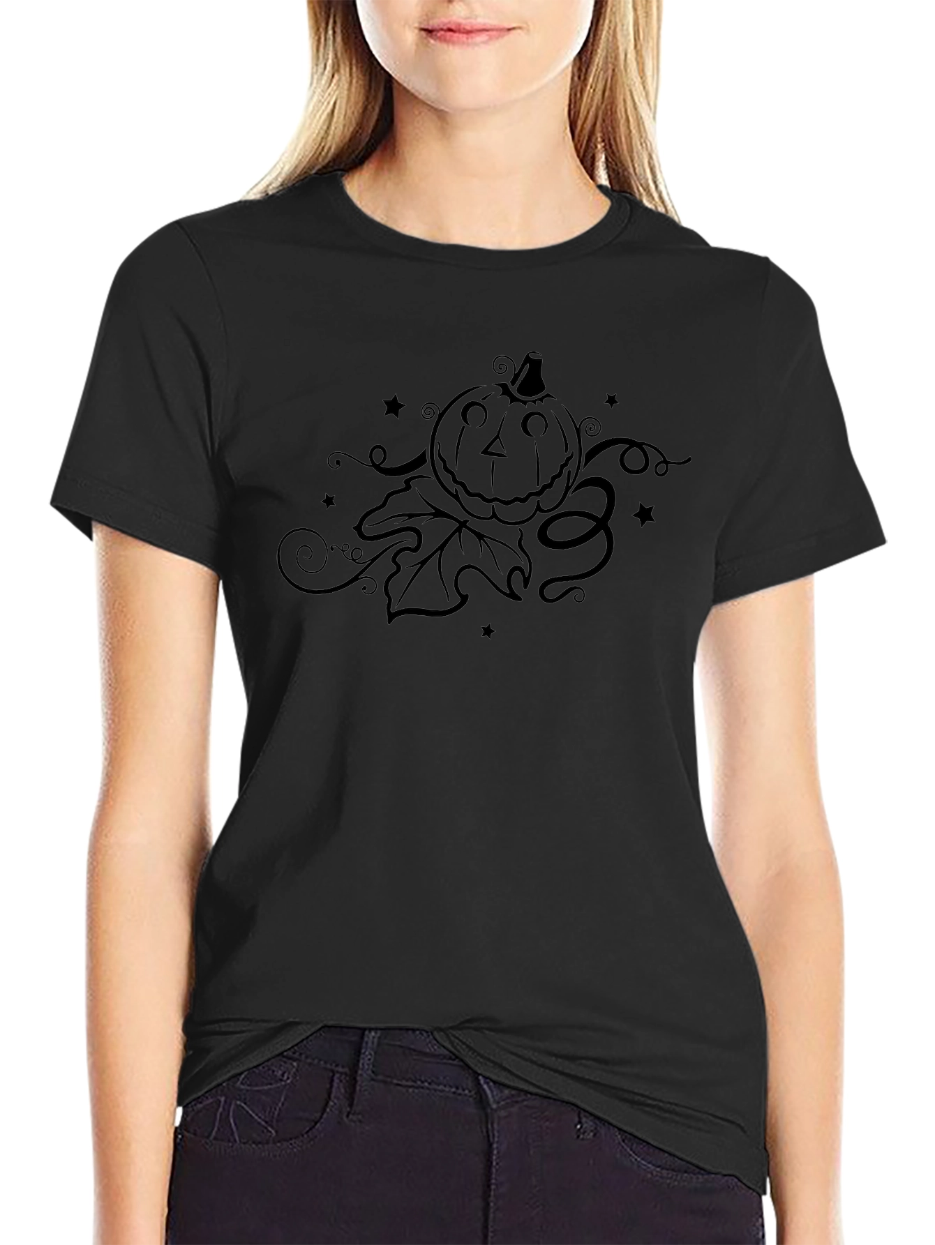 Camiseta Negra con Diseño de Calabaza Halloween