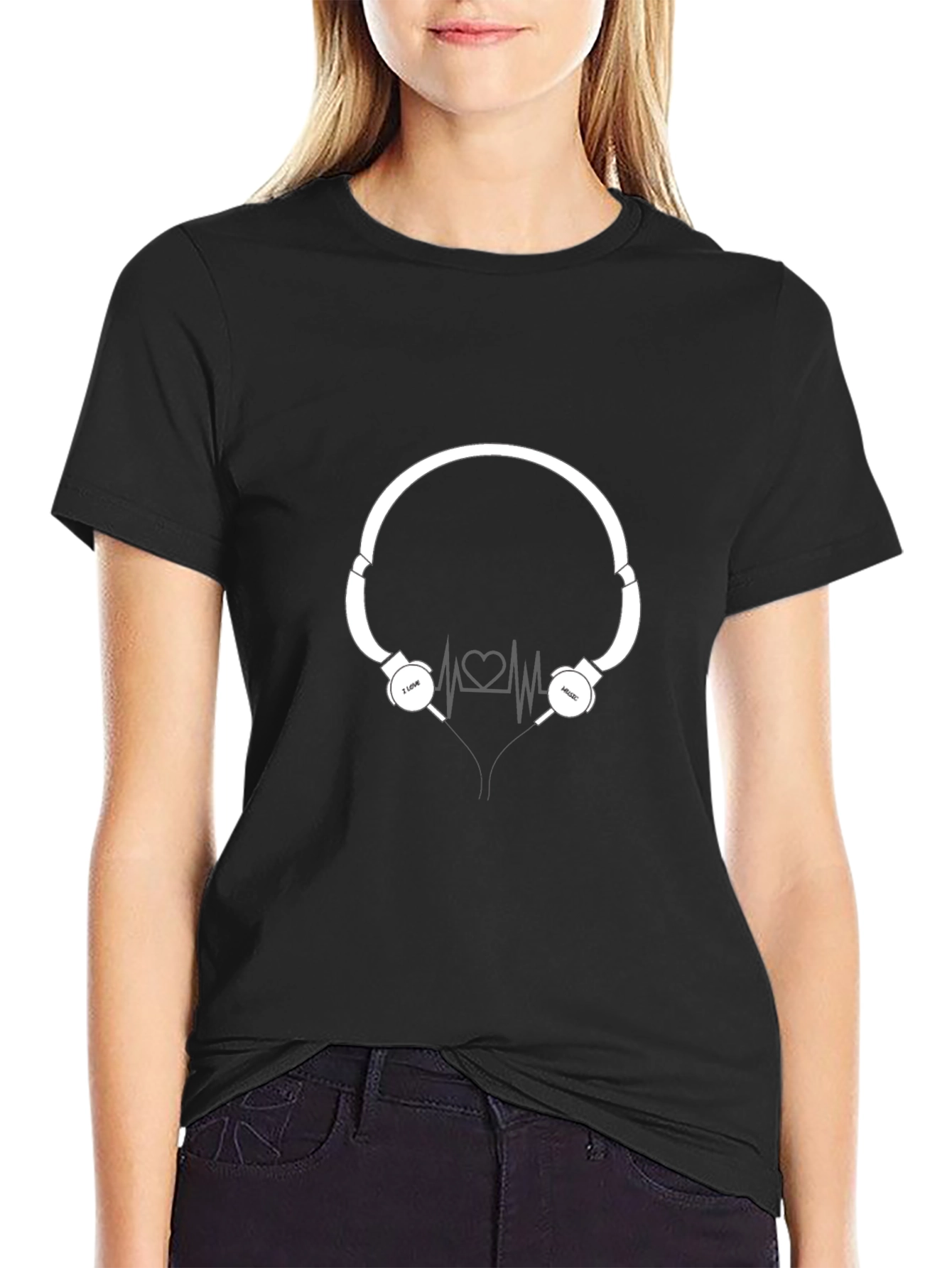 Camiseta Negra con Diseño de Audífonos Amo la Música