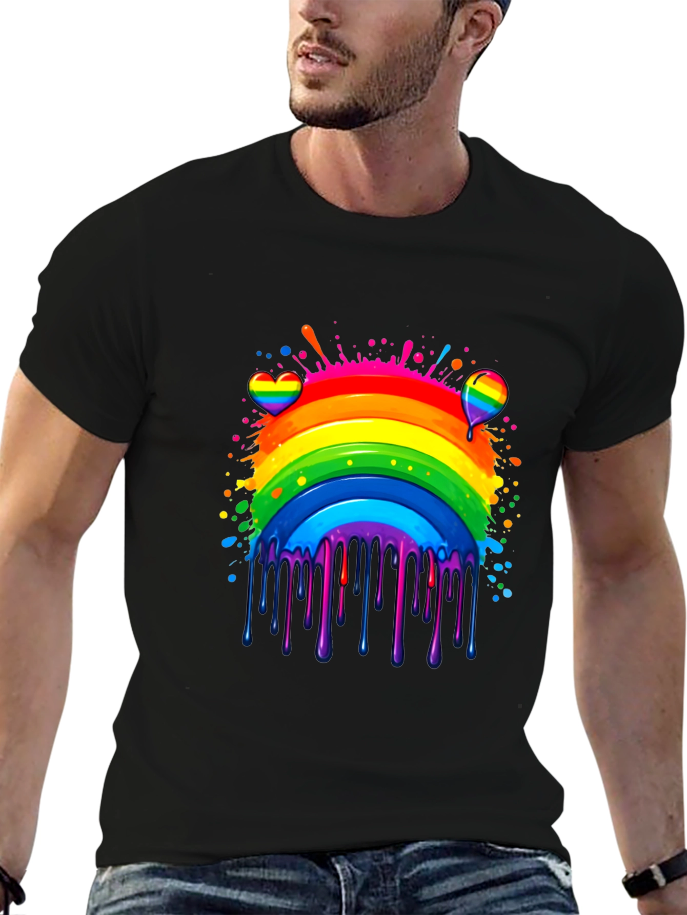 Camiseta Negra Arcoíris con Diseño Artístico