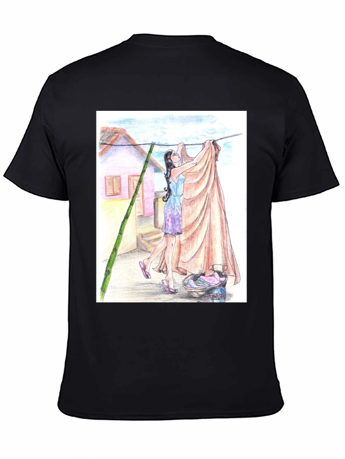 Camiseta Negra con Diseño Artístico de Lavandería