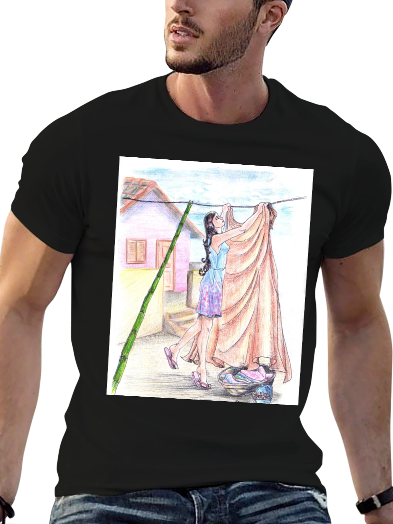 Camiseta Negra con Diseño Artístico de Lavandería