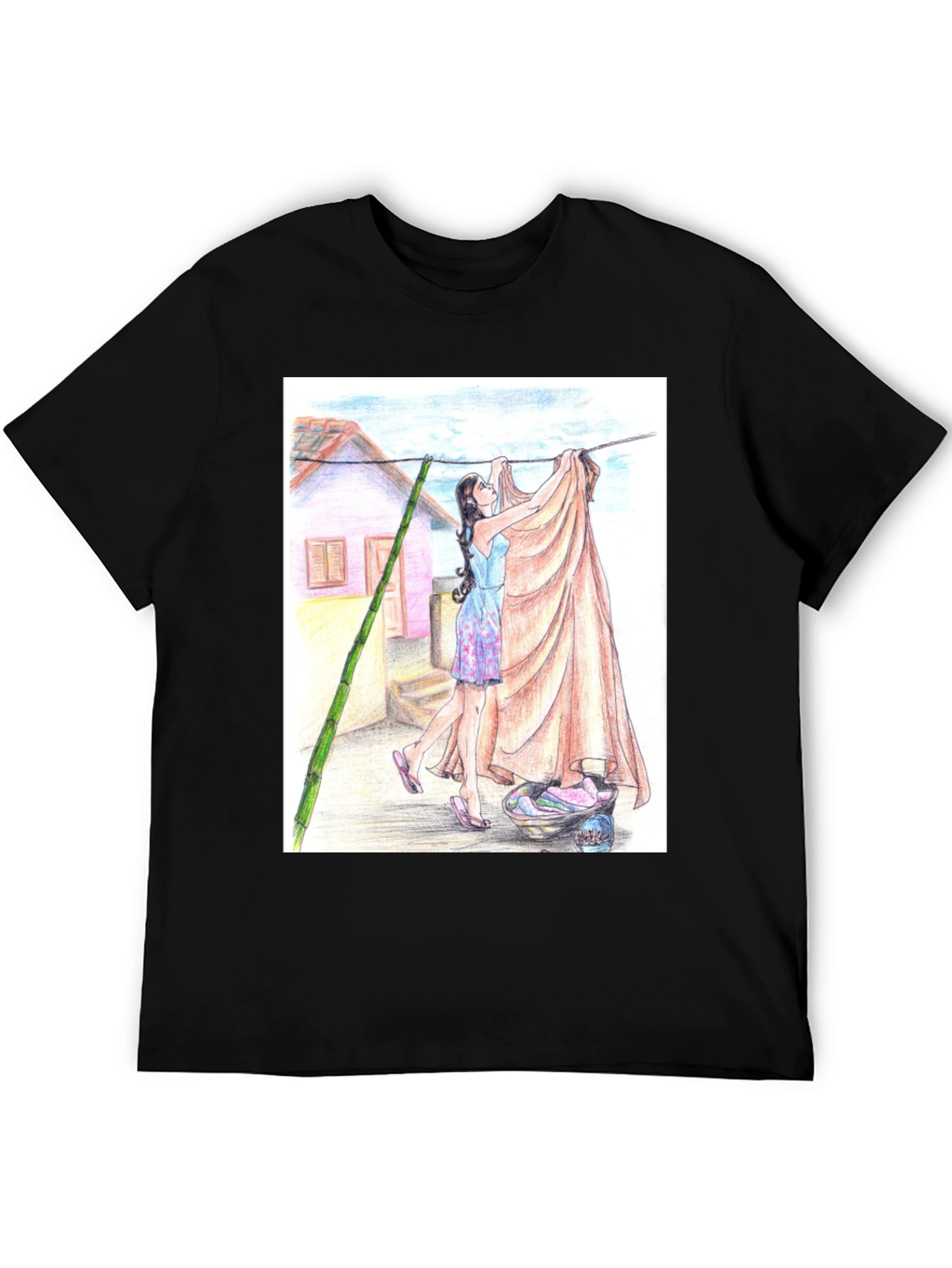 Camiseta Negra con Diseño Artístico de Lavandería