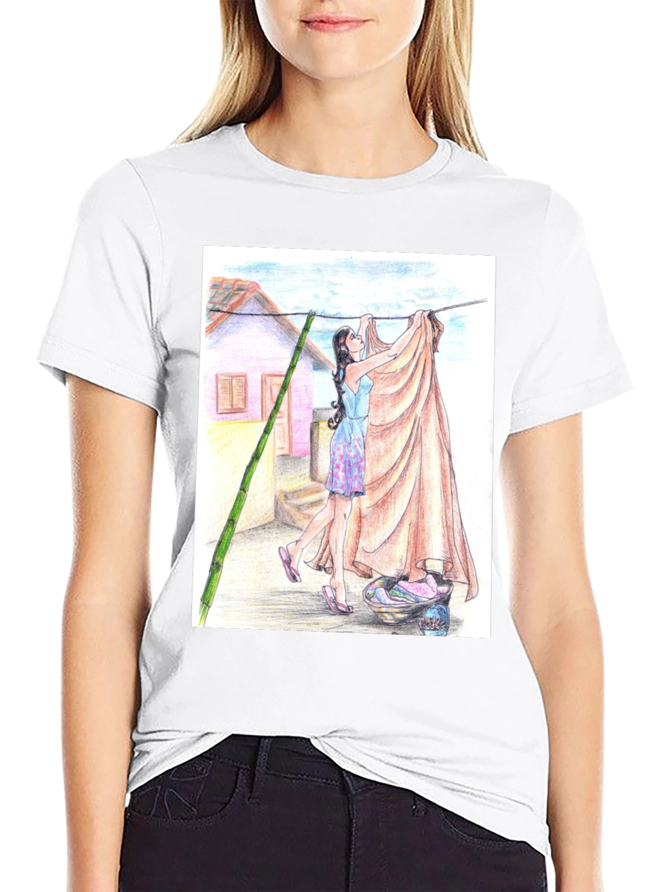 Camiseta Negra con Diseño Artístico de Lavandería