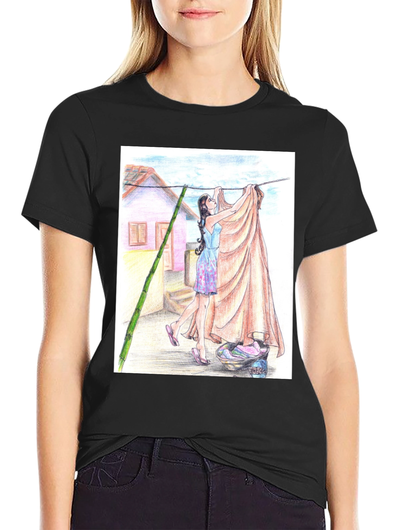 Camiseta Negra con Diseño Artístico de Lavandería
