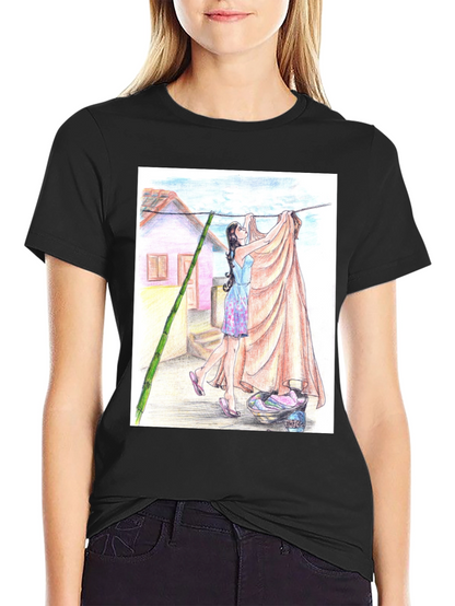 Camiseta Negra con Diseño Artístico de Lavandería