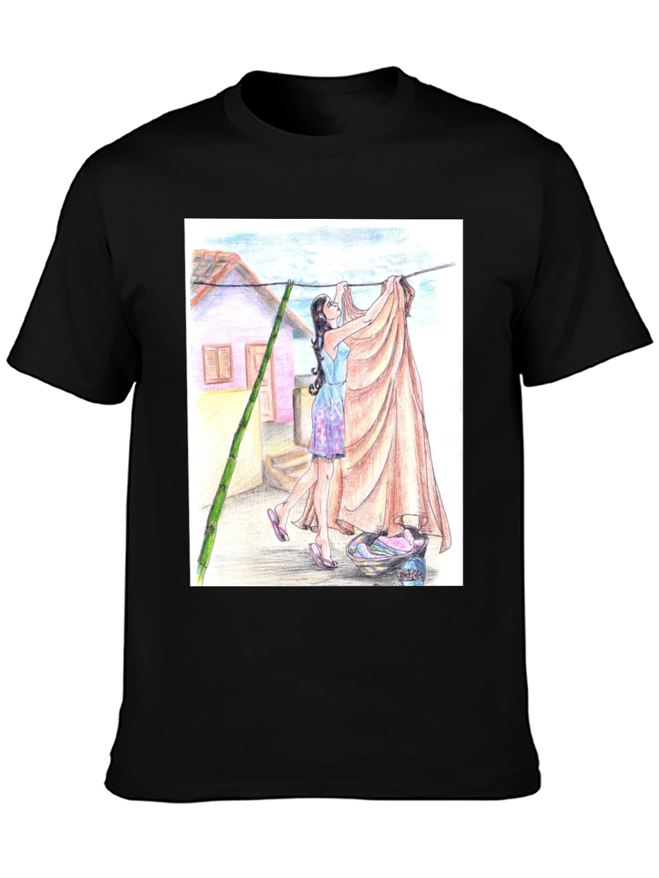 Camiseta Negra con Diseño Artístico de Lavandería