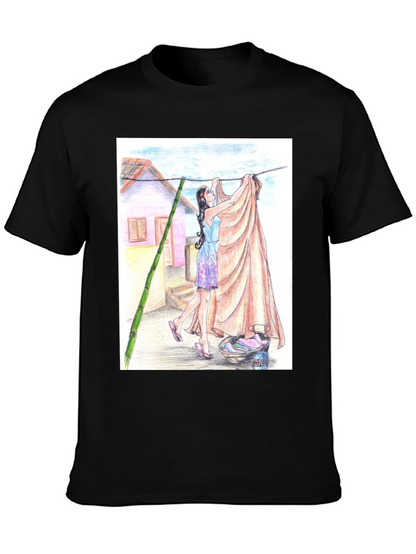 Camiseta Negra con Diseño Artístico de Lavandería