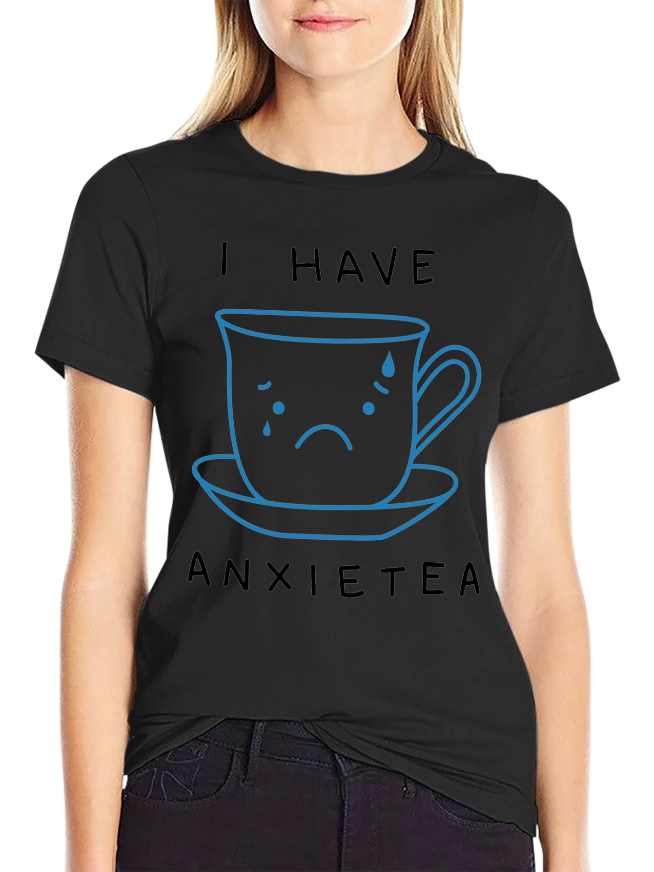 Camiseta Negra Anxietea con Diseño de Taza Triste