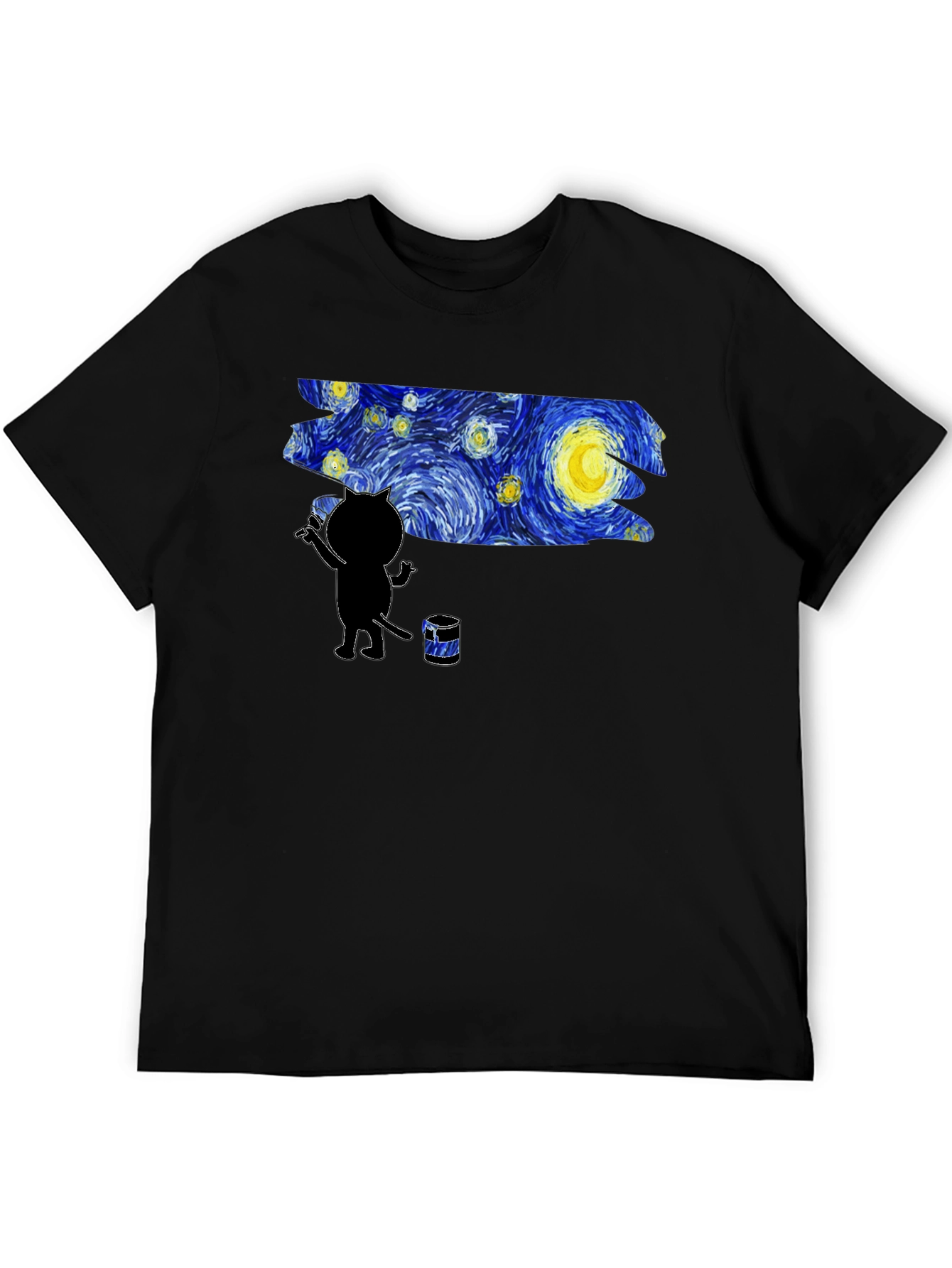 Camiseta Negra Gato Pintando Noche Estrellada