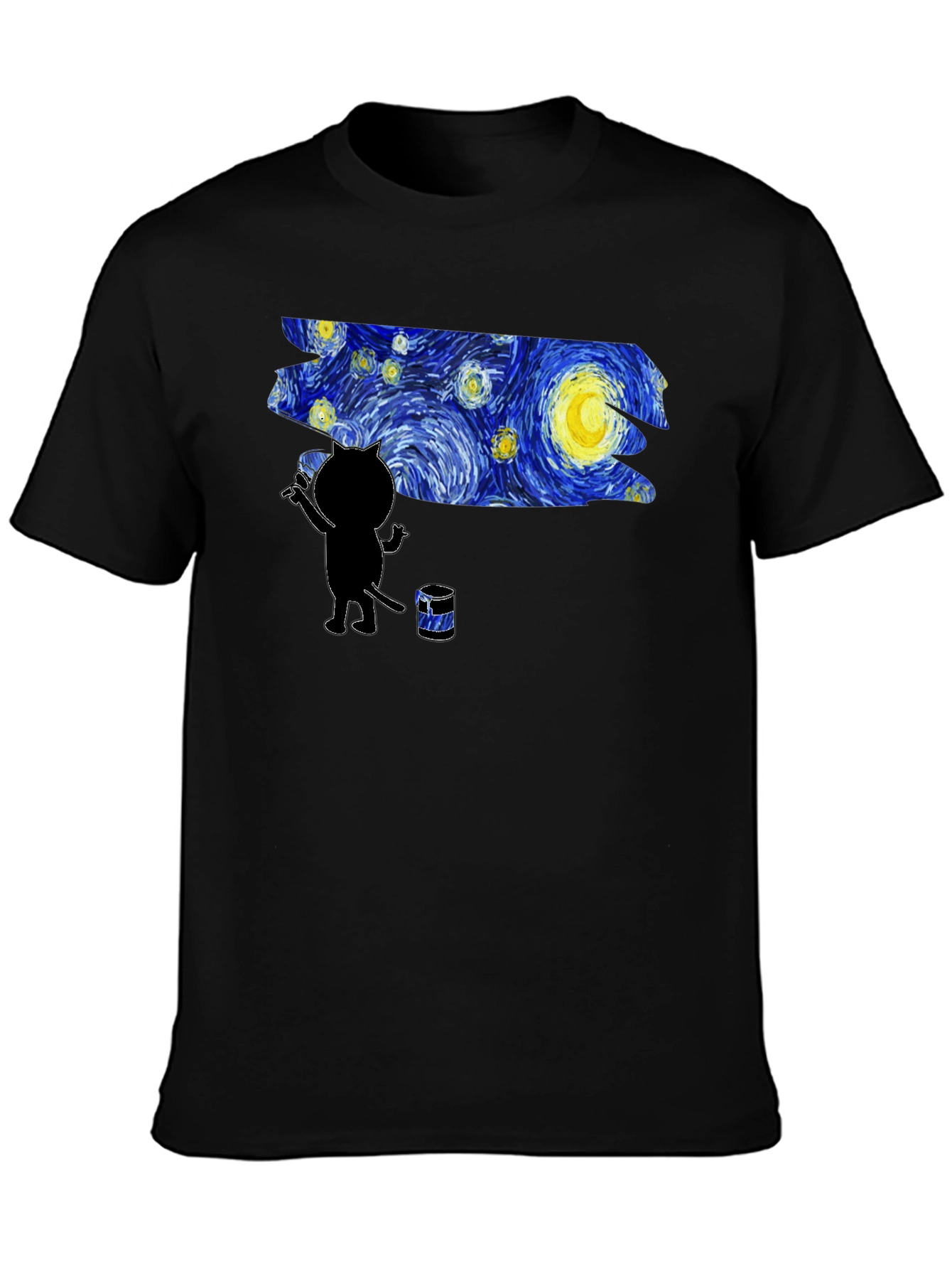 Camiseta Negra Gato Pintando Noche Estrellada