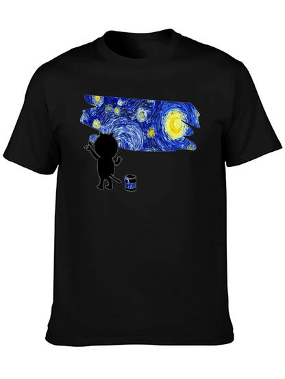 Camiseta Negra Gato Pintando Noche Estrellada