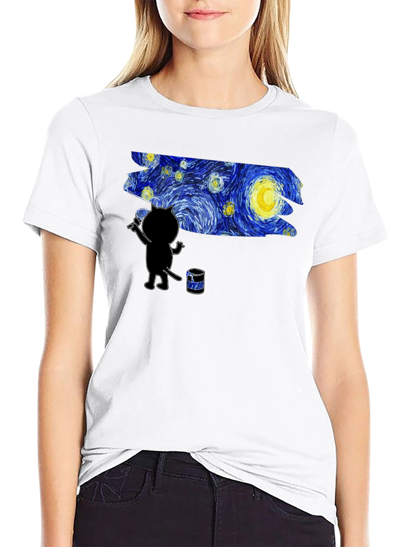 Camiseta Negra Gato Pintando Noche Estrellada
