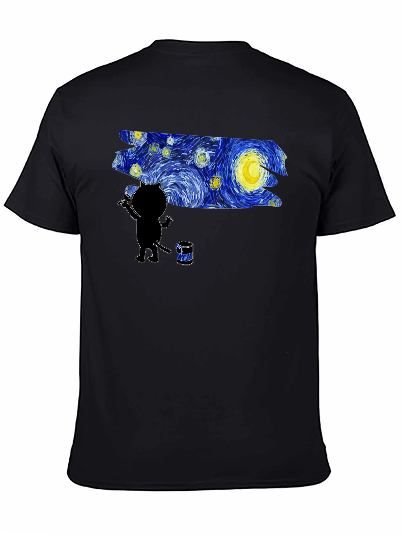 Camiseta Negra Gato Pintando Noche Estrellada
