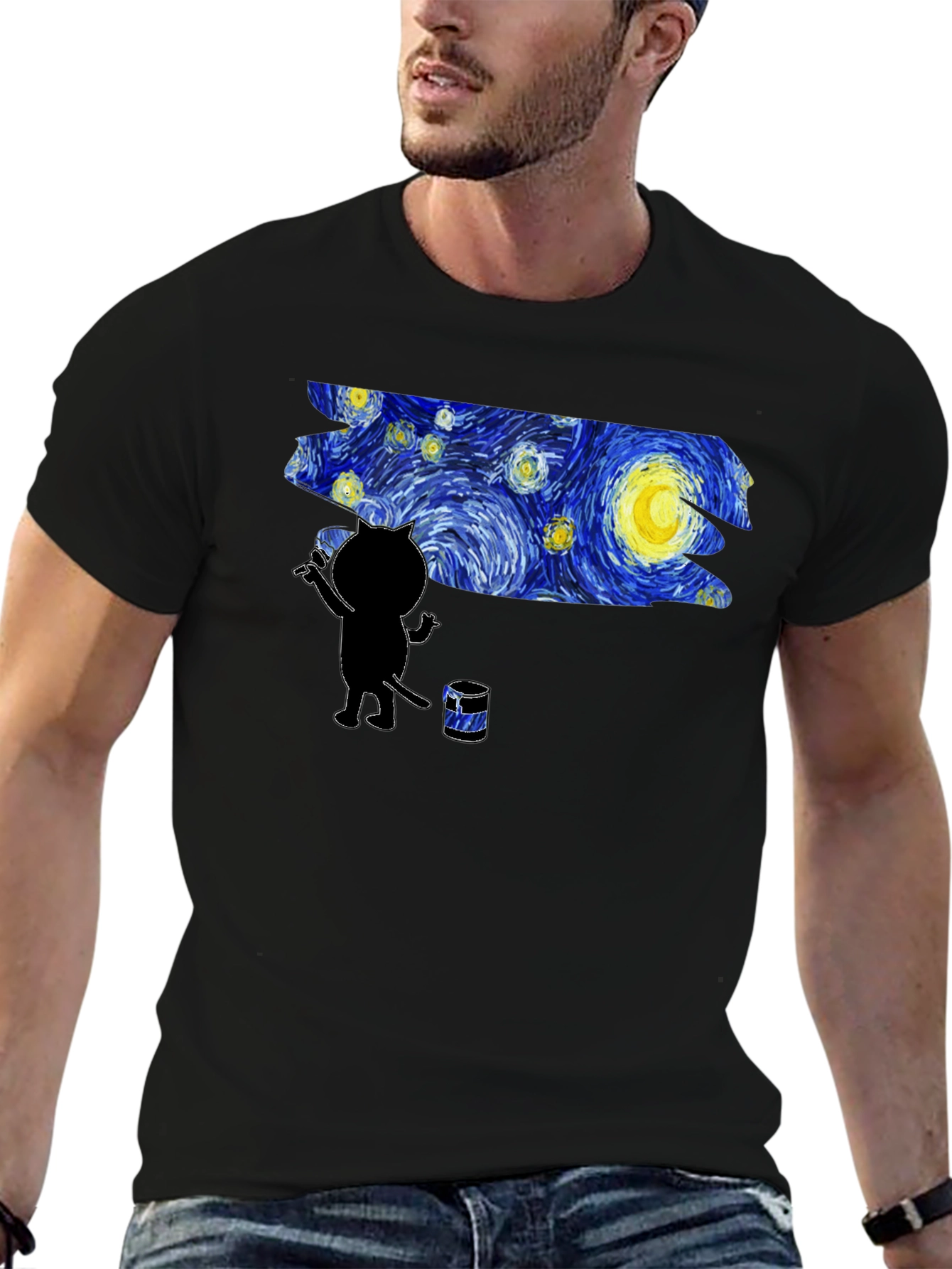 Camiseta Negra Gato Pintando Noche Estrellada